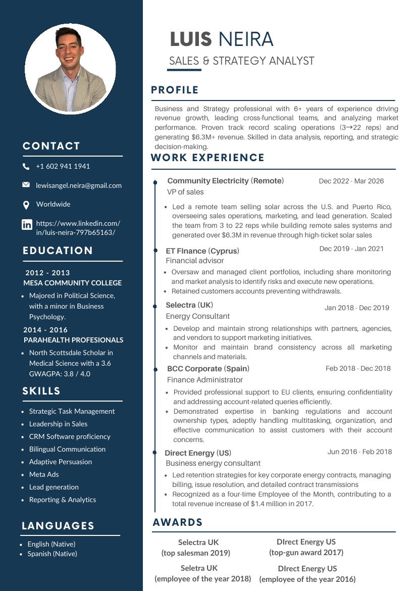 First page of the résumé of Luis Neira
